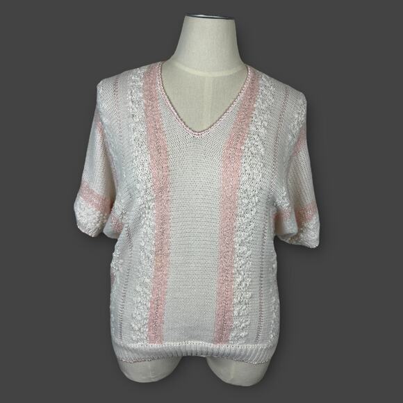 VTG 80s 90s Nubby Pastel Pink White Sweater XL Short Sleeve Large Coquette - Picture 1 of 9
